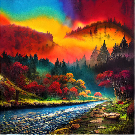 Beautiful Colorful Countryside and Cottage Illustrationの素材