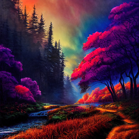 Beautiful Colorful Countryside and Cottage Illustrationの素材