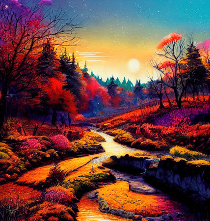 Beautiful Colorful Countryside and Cottage Illustrationの素材