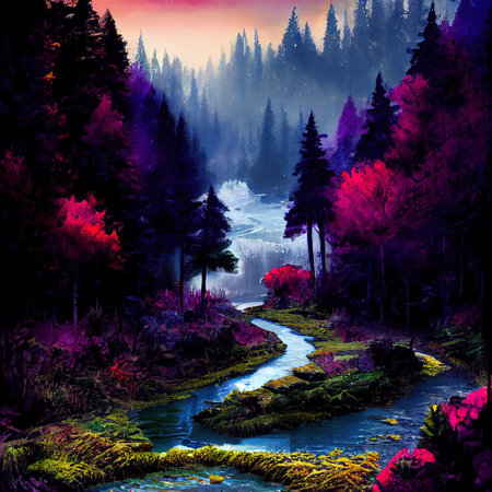 Beautiful Colorful Countryside and Cottage Illustrationの素材