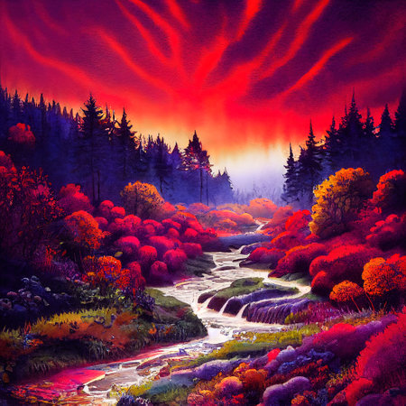 Beautiful Colorful Countryside and Cottage Illustrationの素材