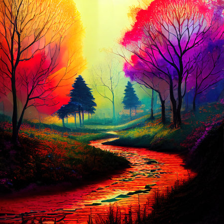 Beautiful Colorful Countryside and Cottage Illustrationの素材