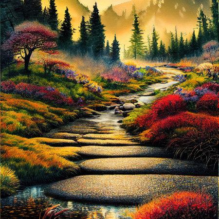 Beautiful Colorful Countryside and Cottage Illustrationの素材