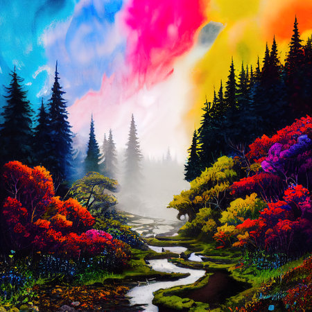 Beautiful Colorful Countryside and Cottage Illustrationの素材
