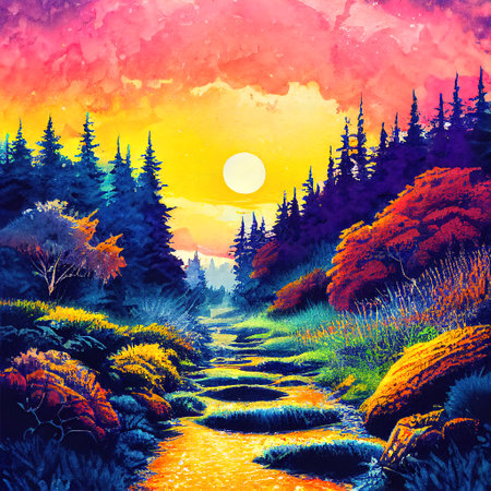 Beautiful Colorful Countryside and Cottage Illustrationの素材