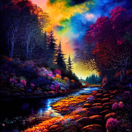 Beautiful Colorful Countryside and Cottage Illustrationの素材