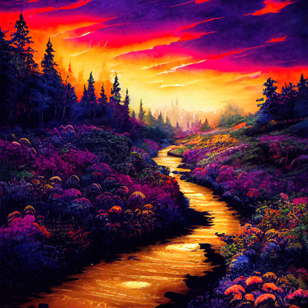 Beautiful Colorful Countryside and Cottage Illustrationの素材