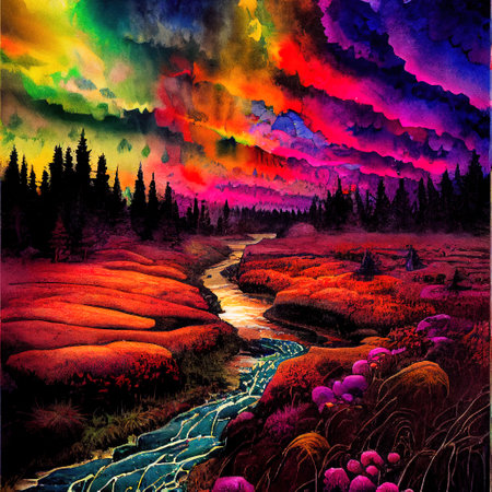 Beautiful Colorful Countryside and Cottage Illustrationの素材