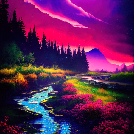 Beautiful Colorful Countryside and Cottage Illustrationの素材