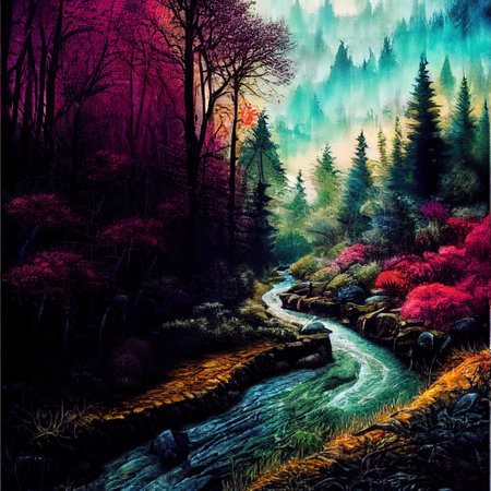Beautiful Colorful Countryside and Cottage Illustrationの素材