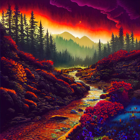 Beautiful Colorful Countryside and Cottage Illustrationの素材