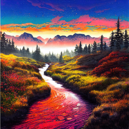 Beautiful Colorful Countryside and Cottage Illustrationの素材