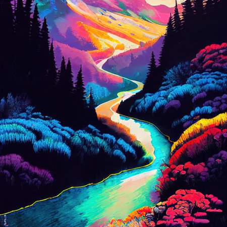 Beautiful Colorful Countryside and Cottage Illustrationの素材