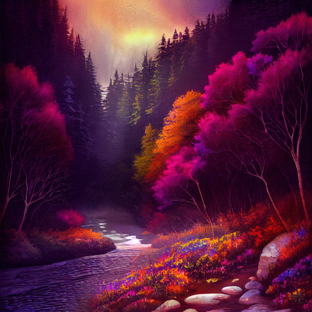 Beautiful Colorful Countryside and Cottage Illustrationの素材