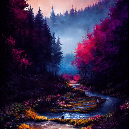 Beautiful Colorful Countryside and Cottage Illustrationの素材