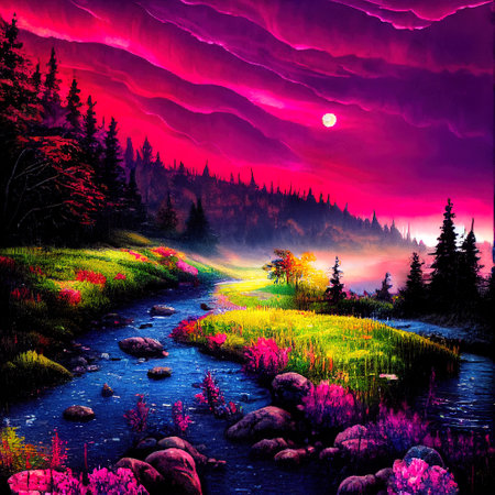 Beautiful Colorful Countryside and Cottage Illustrationの素材