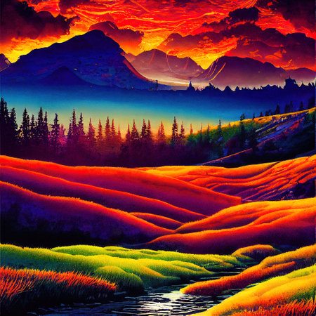 Beautiful Colorful Countryside and Cottage Illustrationの素材