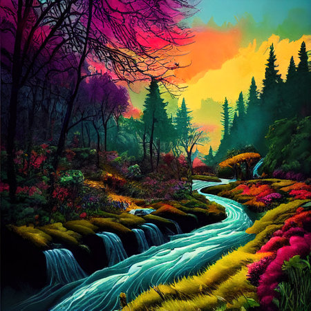 Beautiful Colorful Countryside and Cottage Illustrationの素材