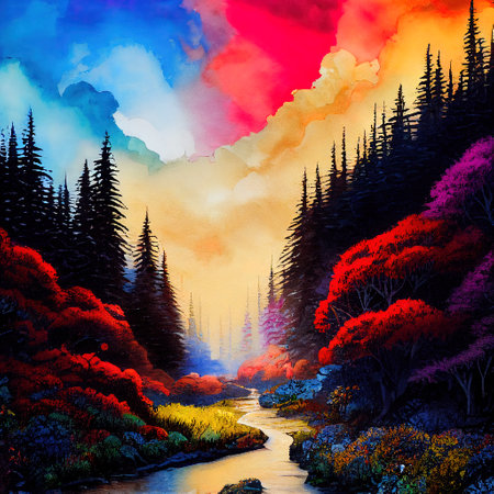 Beautiful Colorful Countryside and Cottage Illustrationの素材