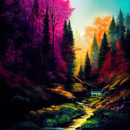 Beautiful Colorful Countryside and Cottage Illustrationの素材