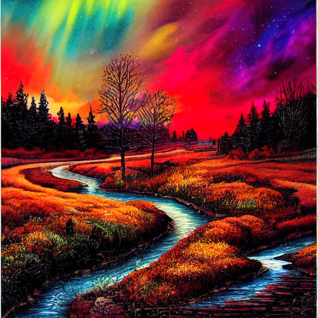 Beautiful Colorful Countryside and Cottage Illustrationの素材