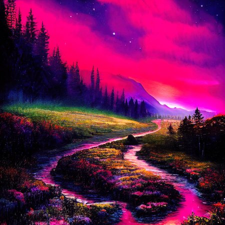 Beautiful Colorful Countryside and Cottage Illustrationの素材