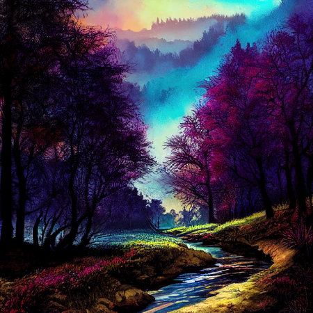 Beautiful Colorful Countryside and Cottage Illustrationの素材