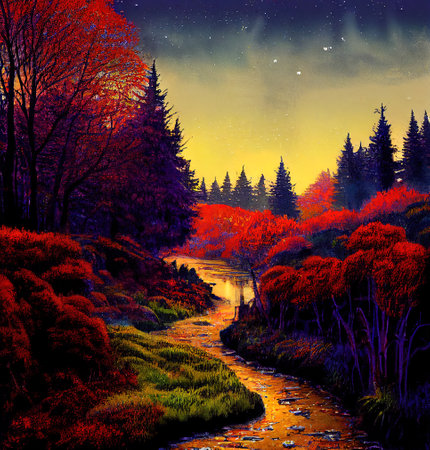 Beautiful Colorful Countryside and Cottage Illustrationの素材