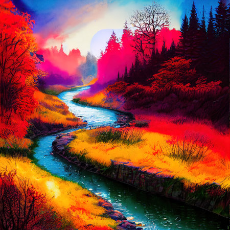 Beautiful Colorful Countryside and Cottage Illustrationの素材