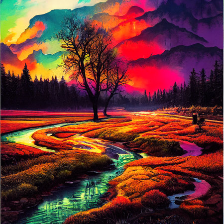 Beautiful Colorful Countryside and Cottage Illustrationの素材