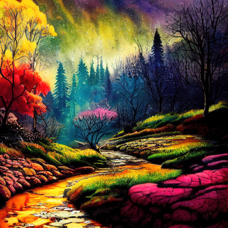 Beautiful Colorful Countryside and Cottage Illustrationの素材