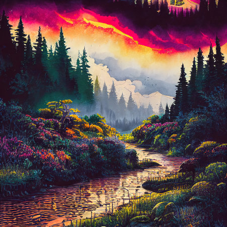 Beautiful Colorful Countryside and Cottage Illustrationの素材