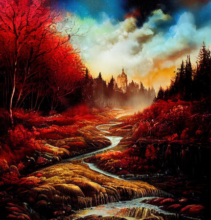 Beautiful Colorful Countryside and Cottage Illustrationの素材