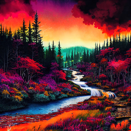 Beautiful Colorful Countryside and Cottage Illustrationの素材