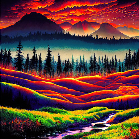 Beautiful Colorful Countryside and Cottage Illustrationの素材