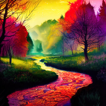 Beautiful Colorful Countryside and Cottage Illustrationの素材