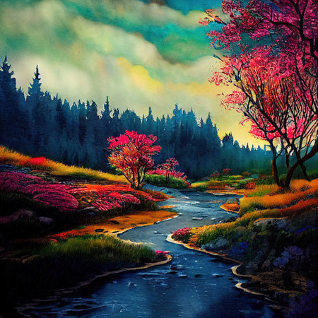 Beautiful Colorful Countryside and Cottage Illustrationの素材