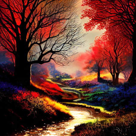 Beautiful Colorful Countryside and Cottage Illustrationの素材