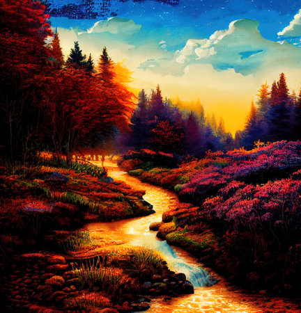 Beautiful Colorful Countryside and Cottage Illustrationの素材