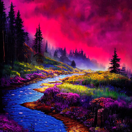 Beautiful Colorful Countryside and Cottage Illustrationの素材