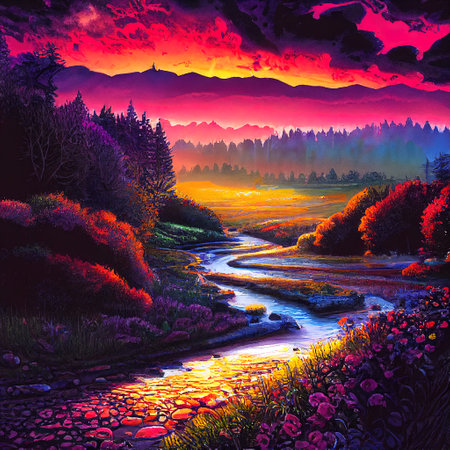 Beautiful Colorful Countryside and Cottage Illustrationの素材