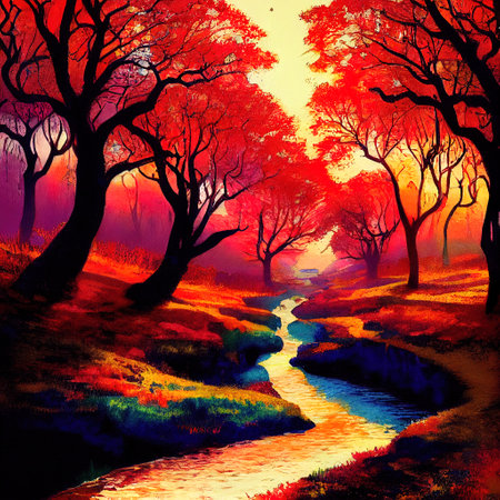 Beautiful Colorful Countryside and Cottage Illustrationの素材