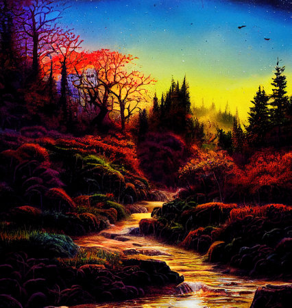 Beautiful Colorful Countryside and Cottage Illustrationの素材