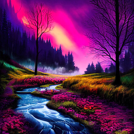 Beautiful Colorful Countryside and Cottage Illustrationの素材