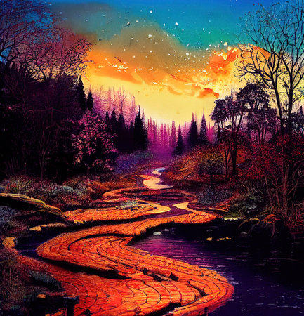 Beautiful Colorful Countryside and Cottage Illustrationの素材
