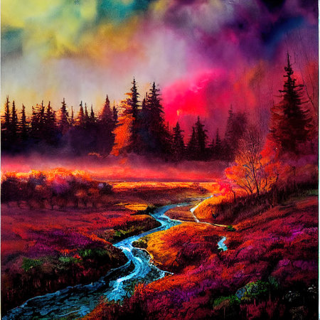 Beautiful Colorful Countryside and Cottage Illustrationの素材