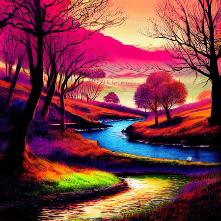 Beautiful Colorful Countryside and Cottage Illustrationの素材