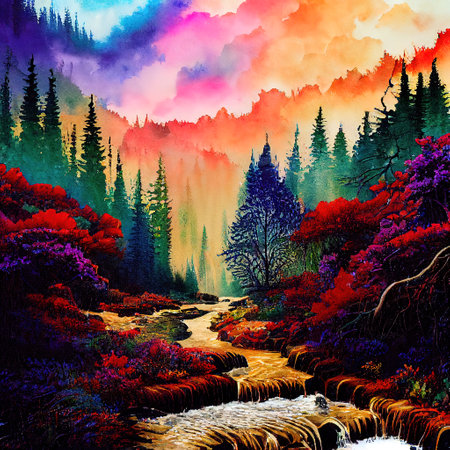 Beautiful Colorful Countryside and Cottage Illustrationの素材