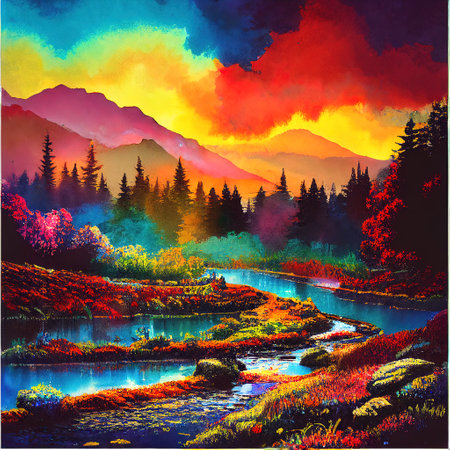 Beautiful Colorful Countryside and Cottage Illustrationの素材