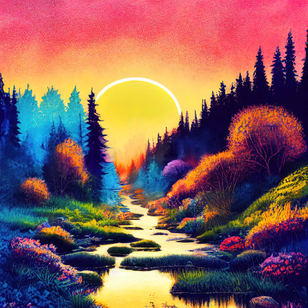Beautiful Colorful Countryside and Cottage Illustrationの素材